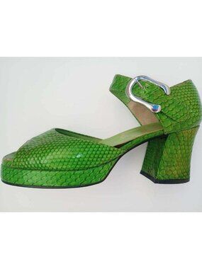 Vintage Washington Ginza/Tokyo Green Snakeskin Leather Block Heel Sandals Sz 5.5